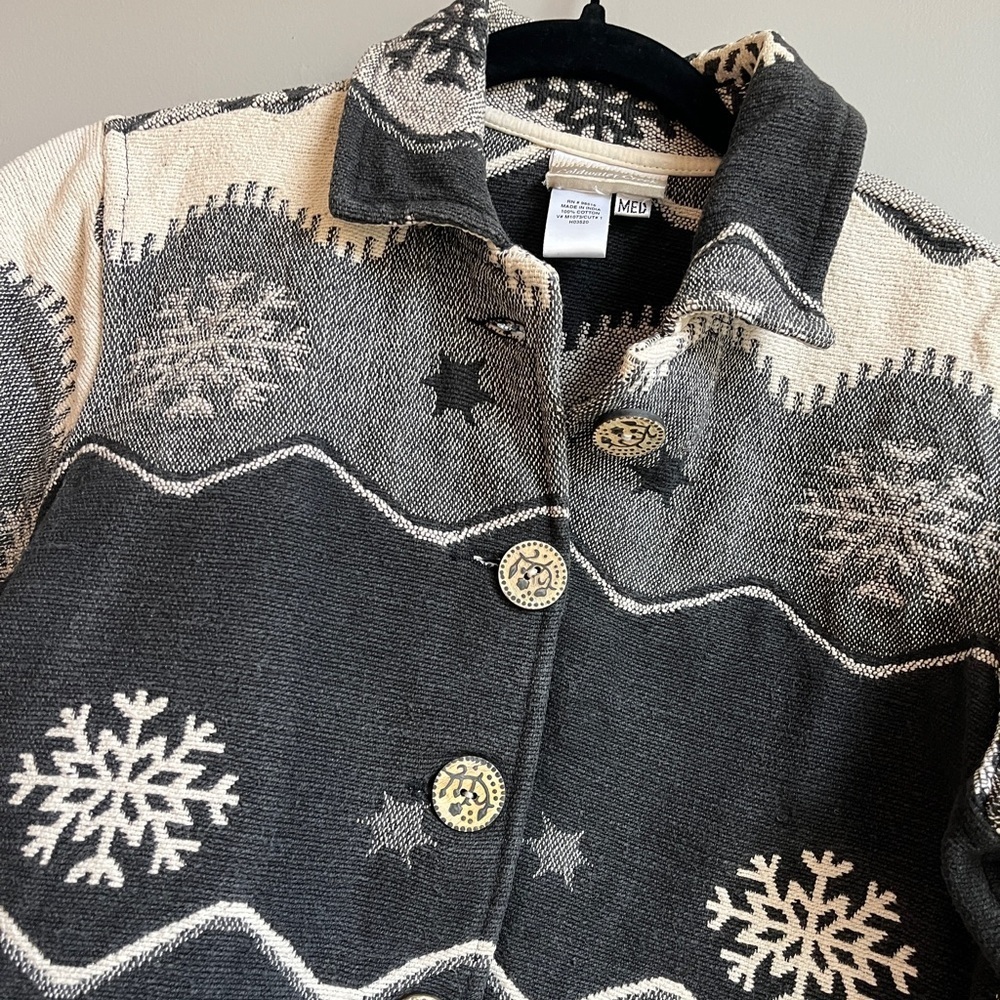 VTG Coldwater Creek Cream/Gray Cotten Tapestry Jacket- Winter Snowflake Pattern - Picture 5 of 6